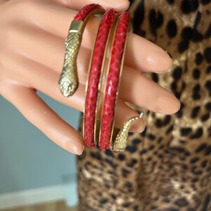 Vintage Gold Snake Head Wrap Bracelet with Red Textured Bands